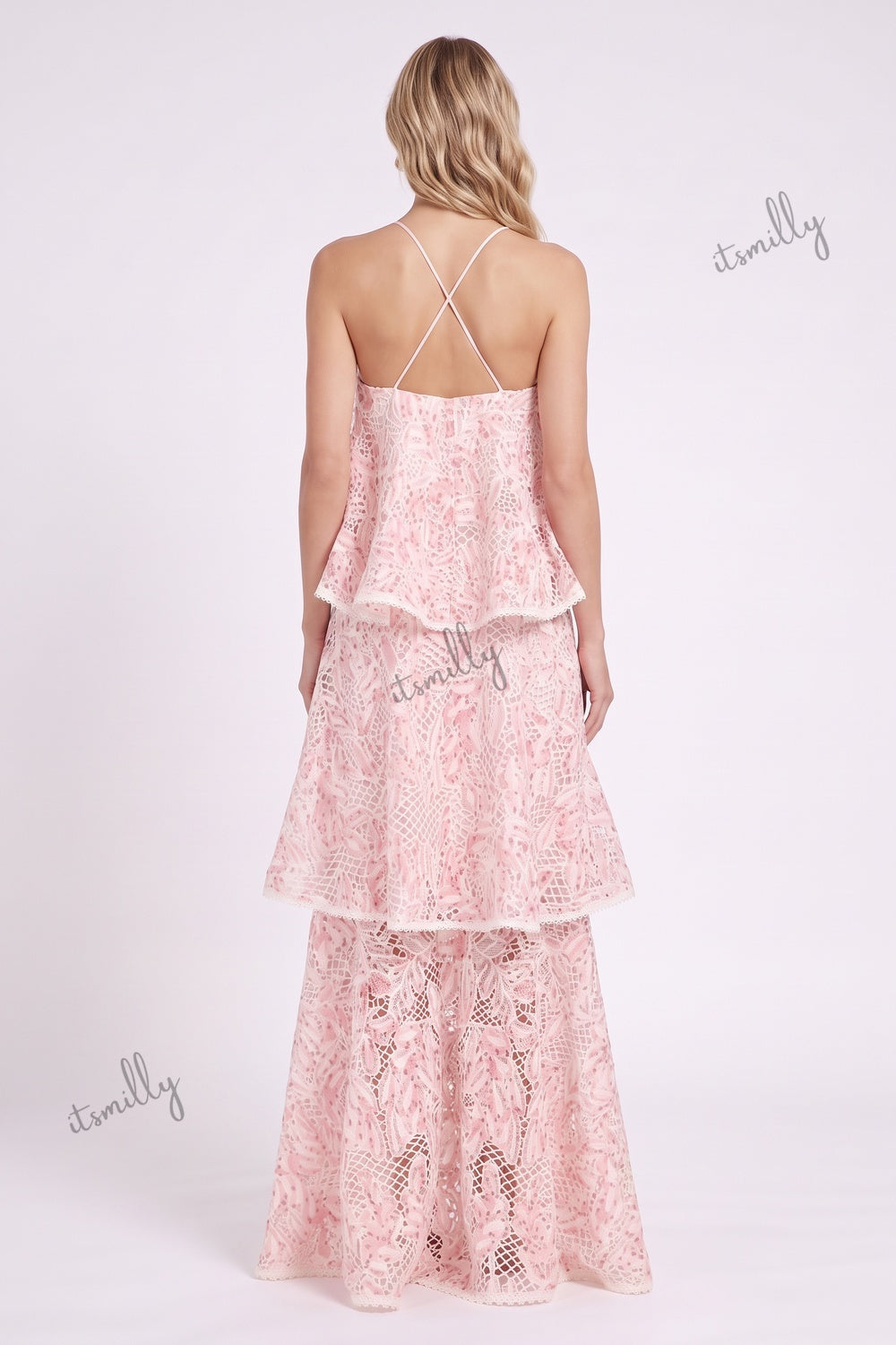 Light Pink Floral Lace Tiered Maxi Dress light pink floral lace dress - product view 3