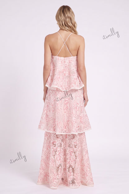 Light Pink Floral Lace Tiered Maxi Dress light pink floral lace dress - product view 3