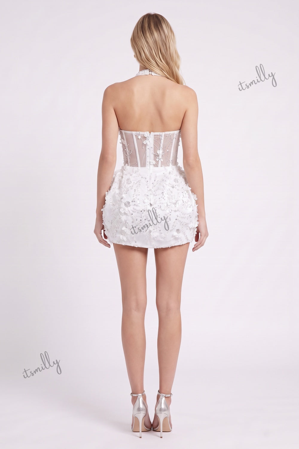 White Mesh Corset Bubble Mini Dress white mesh dress - product view 3