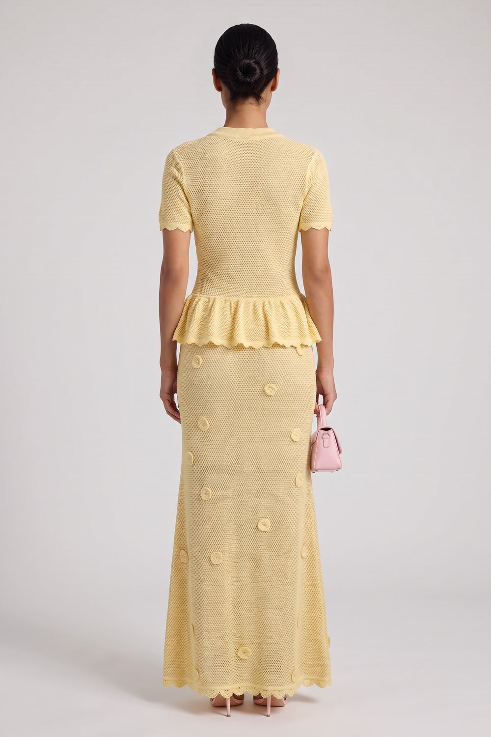 Pale Yellow Pointelle Knit Peplum Top & Maxi Skirt Two-Piece Set pale yellow pointelle knit two-piece knit set - product view 3