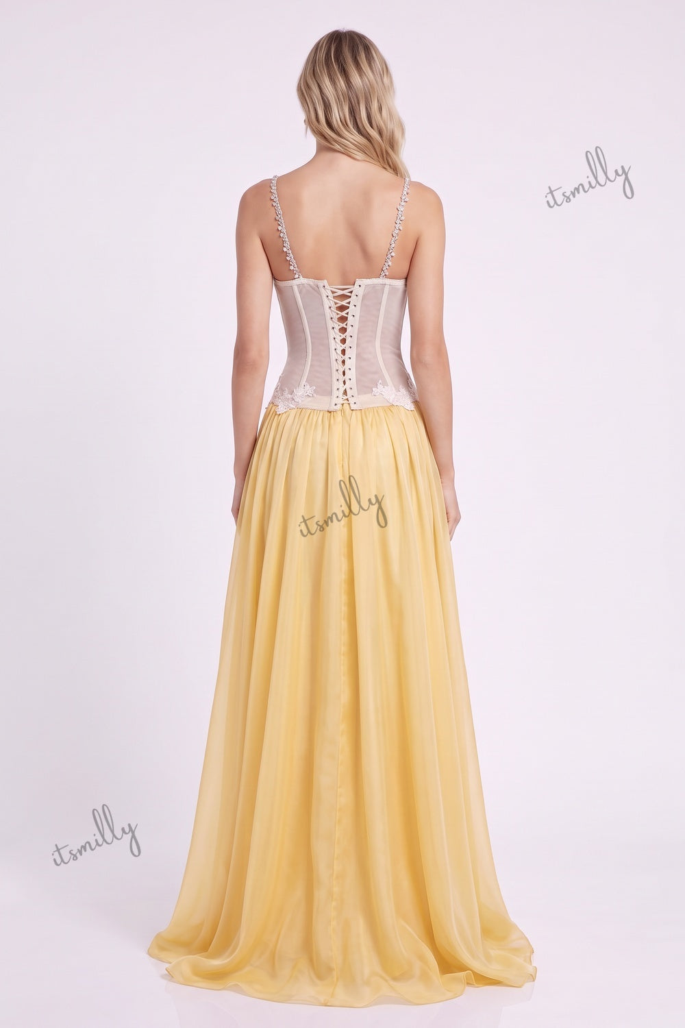Yellow Floral Lace A-Line Chiffon Floor-Length Gown yellow chiffon gown - product view 3