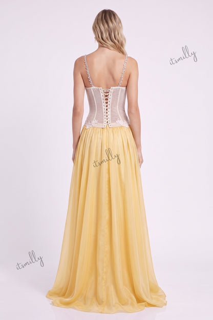 Yellow Floral Lace A-Line Chiffon Floor-Length Gown yellow chiffon gown - product view 3