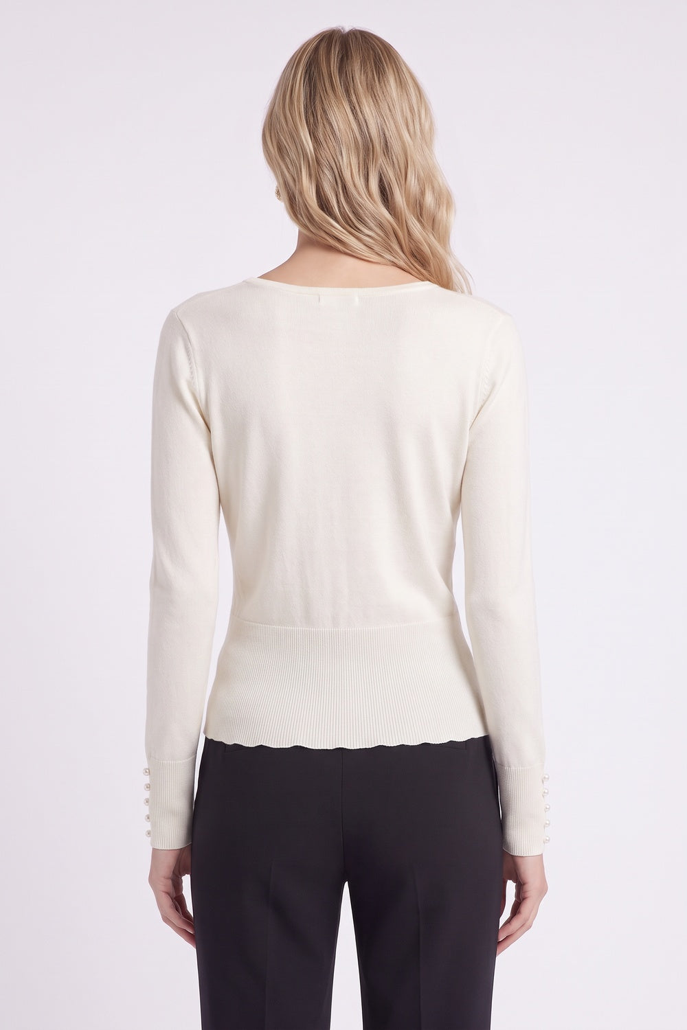Off-White Fitted Knit Cardigan with Organza Ruffles off-white fine knit cardigan - product view 3