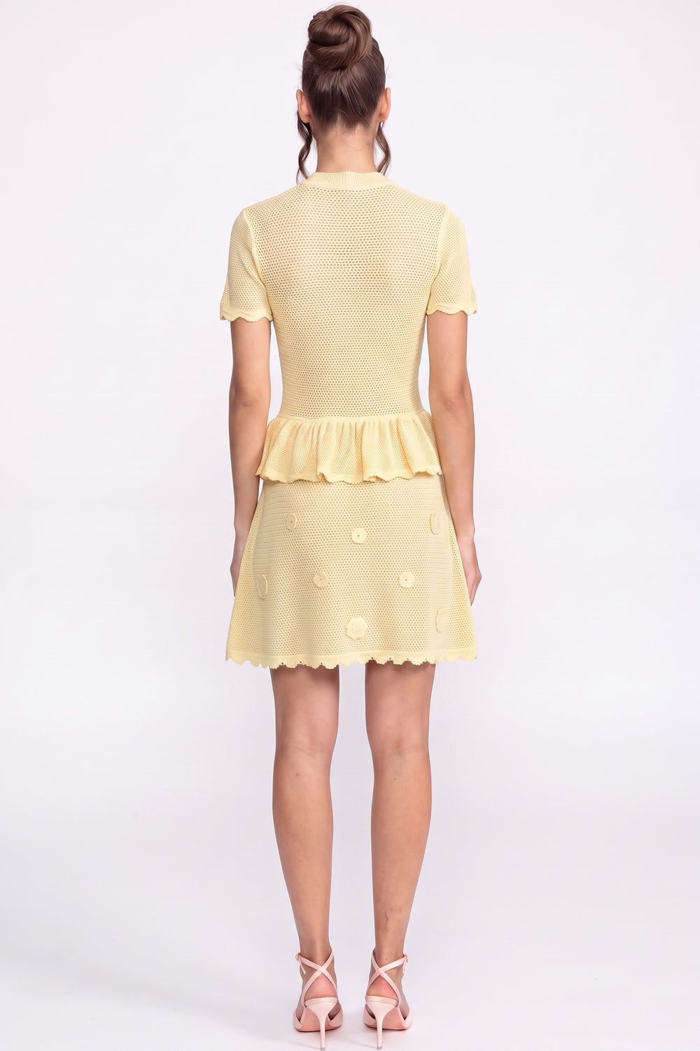 Pale Yellow Pointelle Knit Two-Piece Skirt Set with Peplum pale yellow pointelle knit two-piece skirt set - product view 3