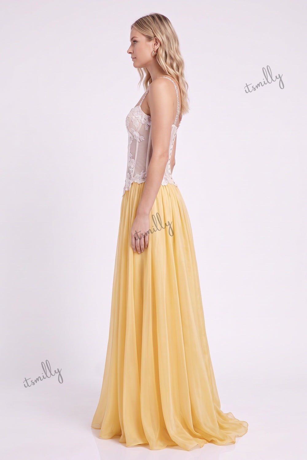 Yellow Floral Lace A-Line Chiffon Floor-Length Gown yellow chiffon gown - product view 5