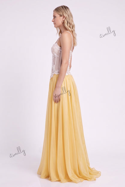 Yellow Floral Lace A-Line Chiffon Floor-Length Gown yellow chiffon gown - product view 5