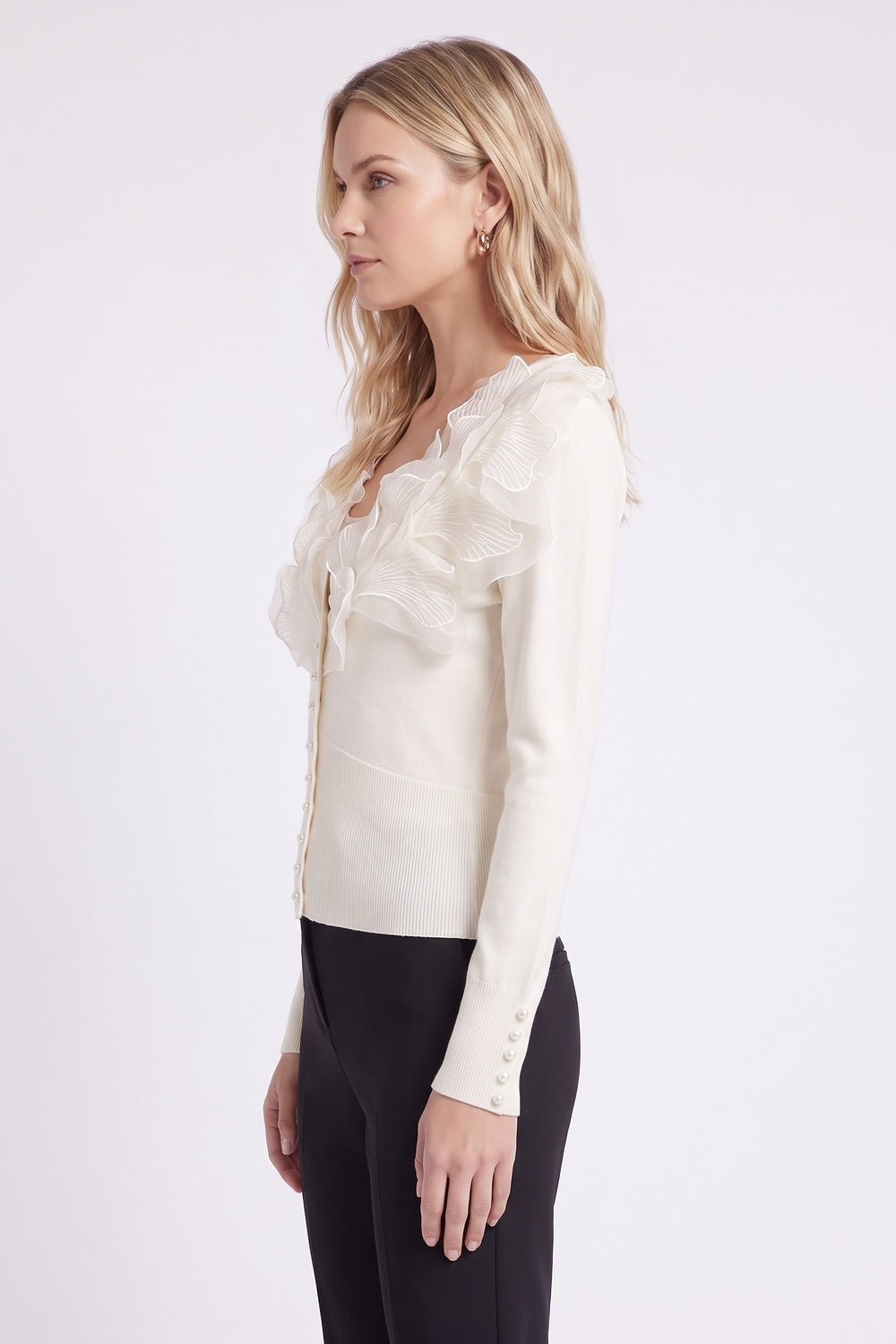 Off-White Fitted Knit Cardigan with Organza Ruffles off-white fine knit cardigan - product view 5