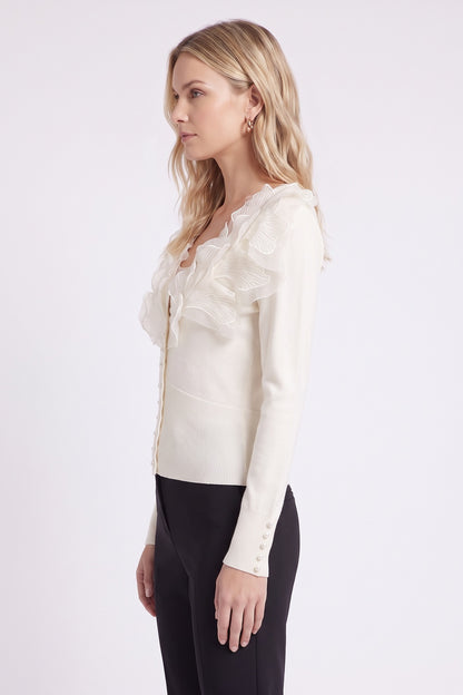 Off-White Fitted Knit Cardigan with Organza Ruffles off-white fine knit cardigan - product view 5