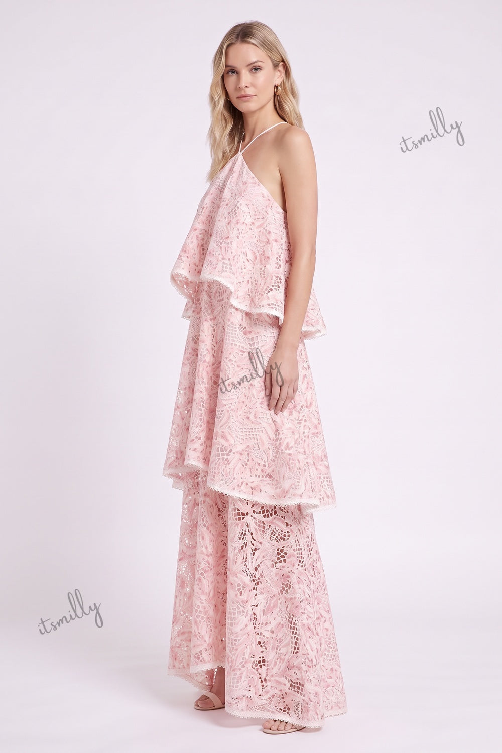Light Pink Floral Lace Tiered Maxi Dress light pink floral lace dress - product view 4