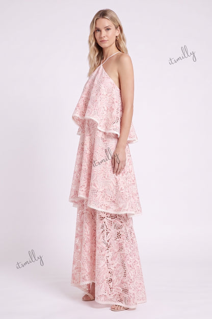 Light Pink Floral Lace Tiered Maxi Dress light pink floral lace dress - product view 4