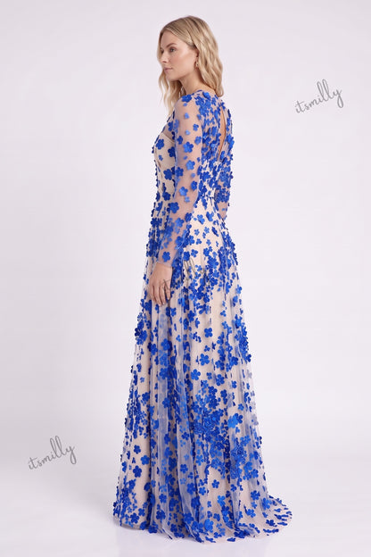 Royal Blue Sheer Tulle Mesh A-Line Gown with 3D Floral Appliques royal blue sheer tulle mesh gown - product view 5