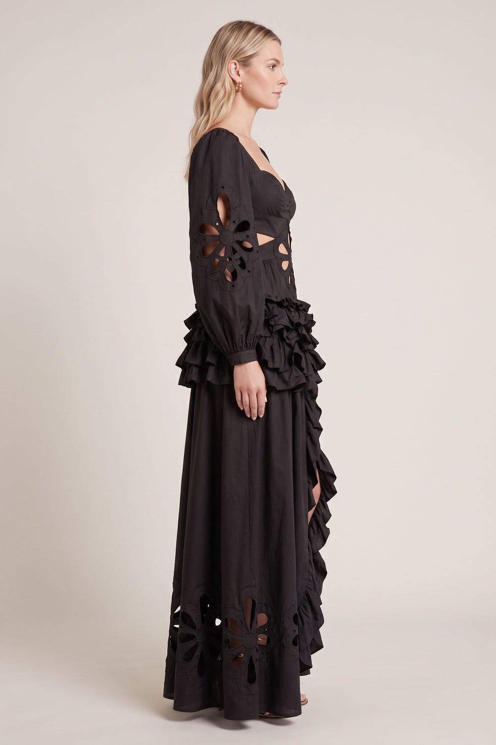 Black Floral Cut-Out Tiered Ruffle Maxi Dress Premium Fabric - product view 6