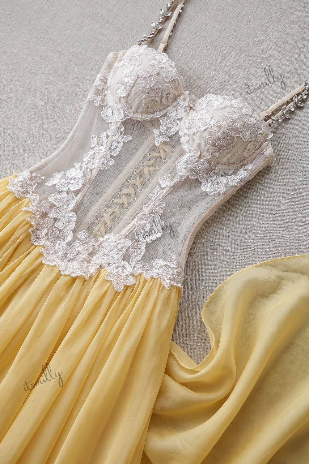 Yellow Floral Lace A-Line Chiffon Floor-Length Gown yellow chiffon gown - product view 6
