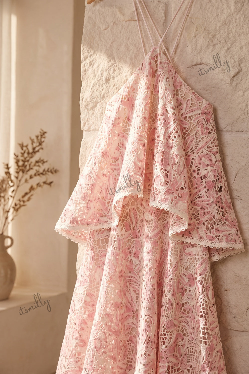 Light Pink Floral Lace Tiered Maxi Dress light pink floral lace dress - product view 5