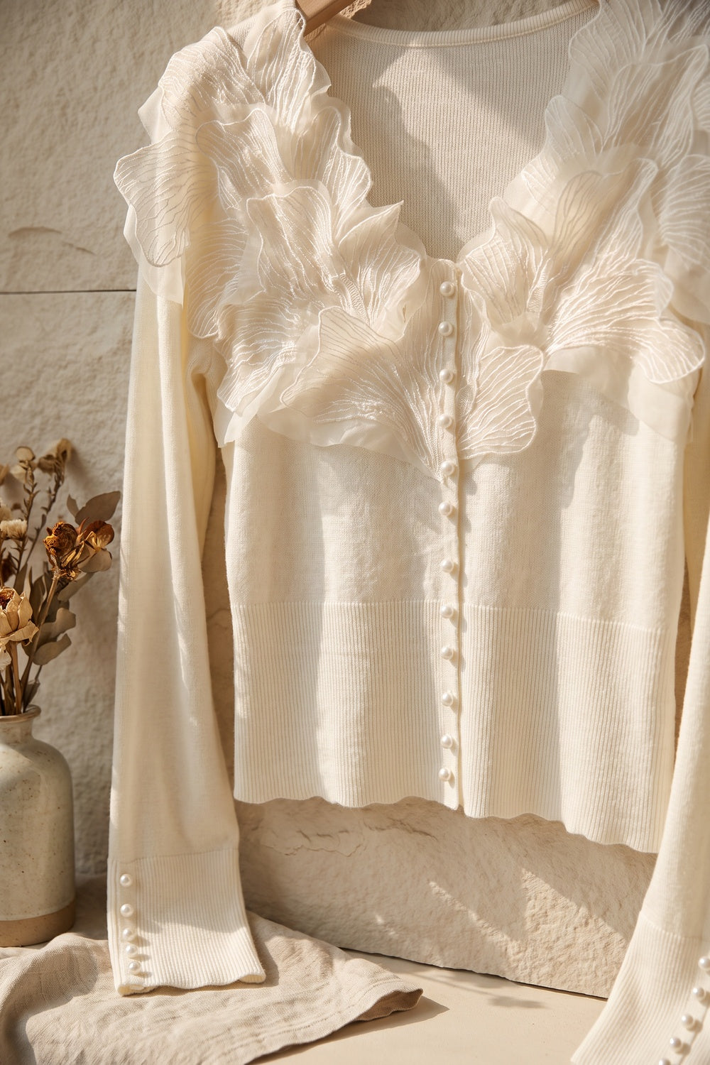 Off-White Fitted Knit Cardigan with Organza Ruffles off-white fine knit cardigan - product view 6