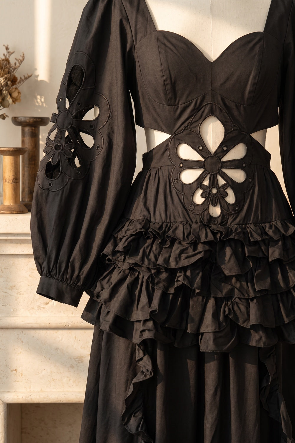 Black Floral Cut-Out Tiered Ruffle Maxi Dress Premium Fabric - product view 4