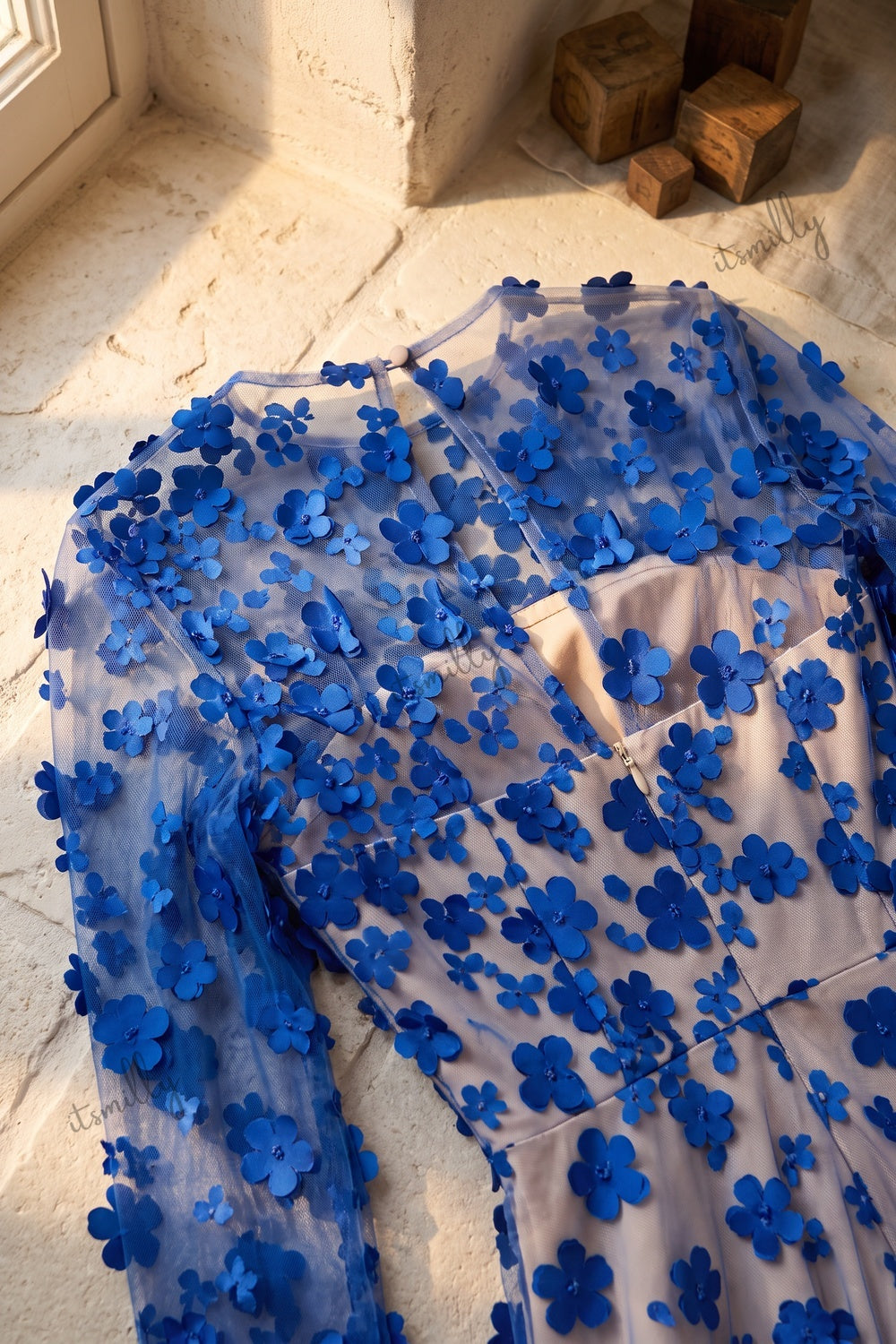 Royal Blue Sheer Tulle Mesh A-Line Gown with 3D Floral Appliques royal blue sheer tulle mesh gown - product view 6