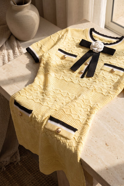 Pale Yellow Textured Pointelle Knit A-Line Dress with Contrast Trim pale yellow textured pointelle knit dress - product view 6