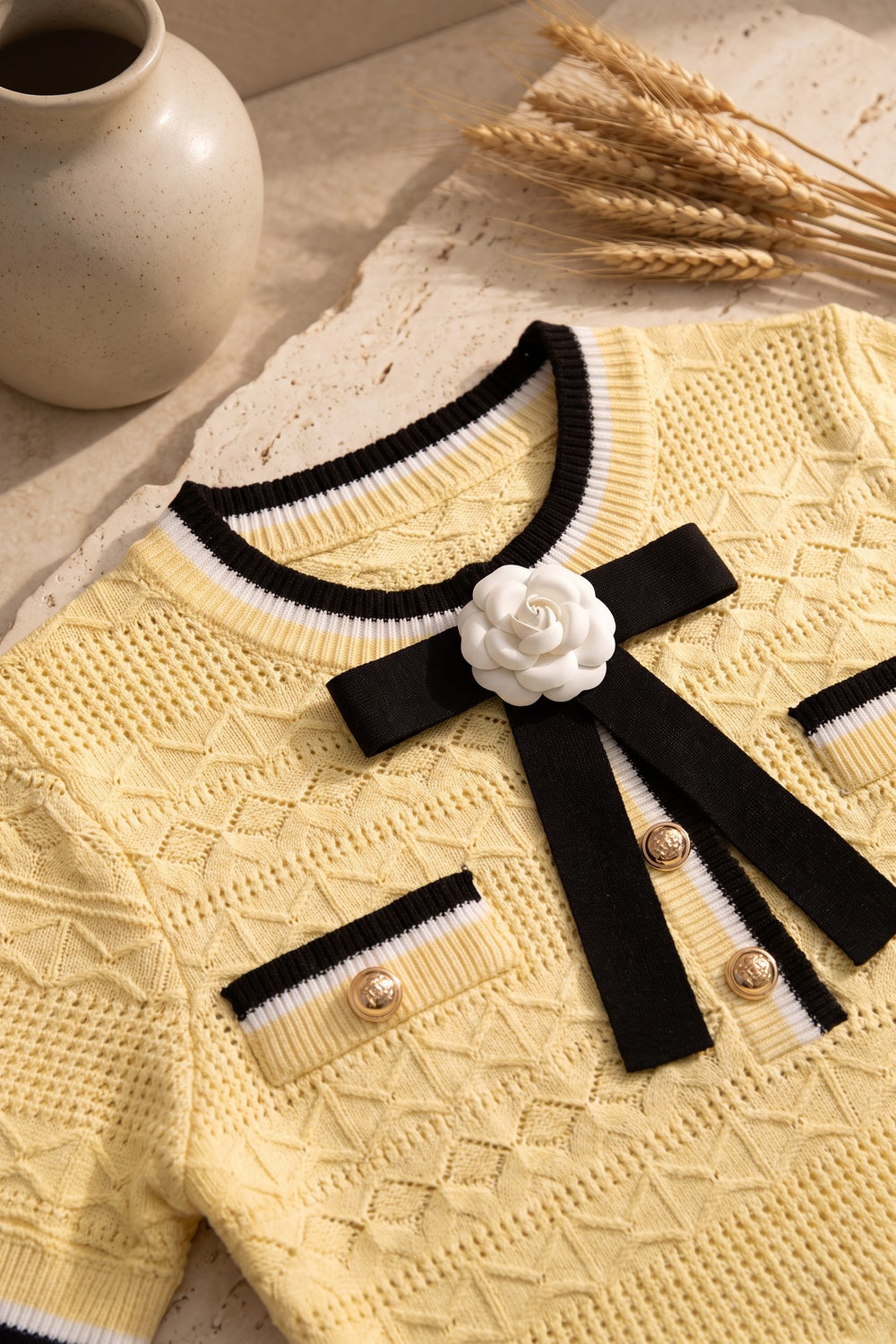 Pale Yellow Textured Pointelle Knit A-Line Dress with Contrast Trim pale yellow textured pointelle knit dress - product view 7