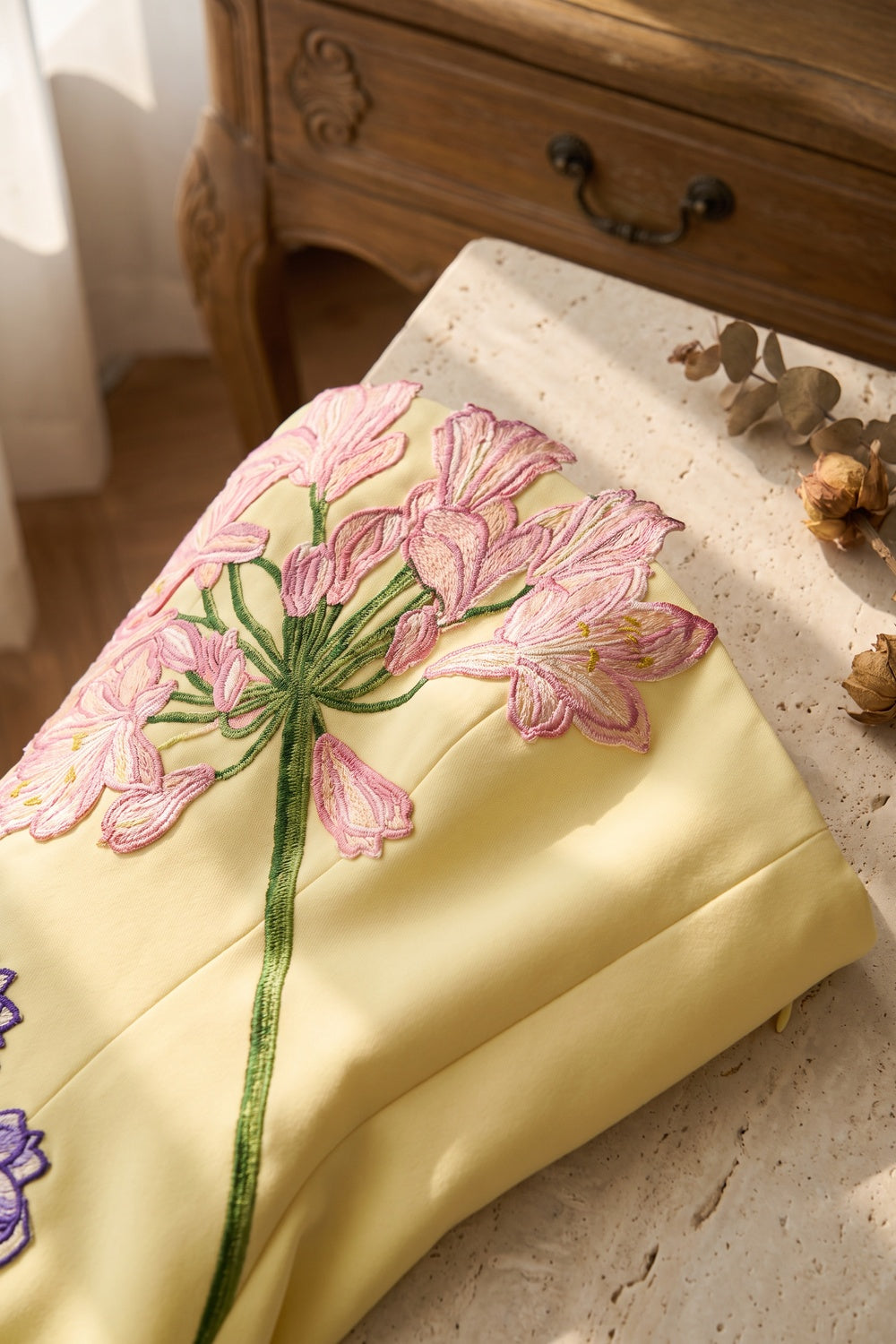 Pale Yellow Agapanthus Embroidery Mini Dress pale yellow structured woven fabric dress - product view 5