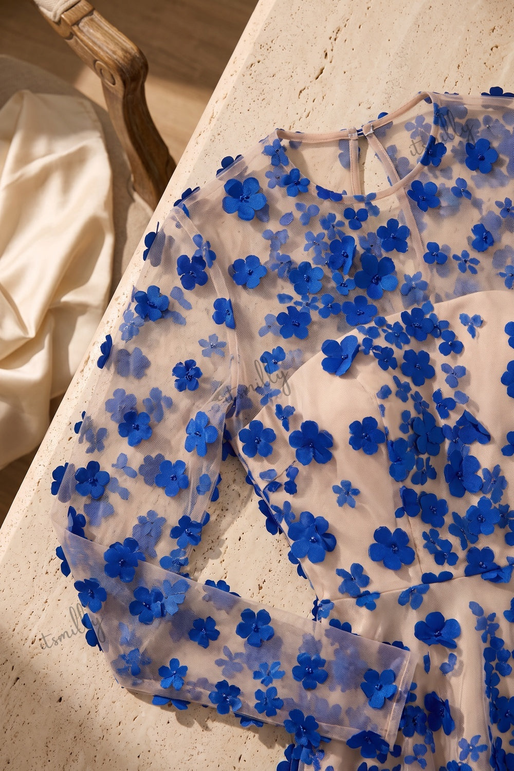 Royal Blue Sheer Tulle Mesh A-Line Gown with 3D Floral Appliques royal blue sheer tulle mesh gown - product view 7