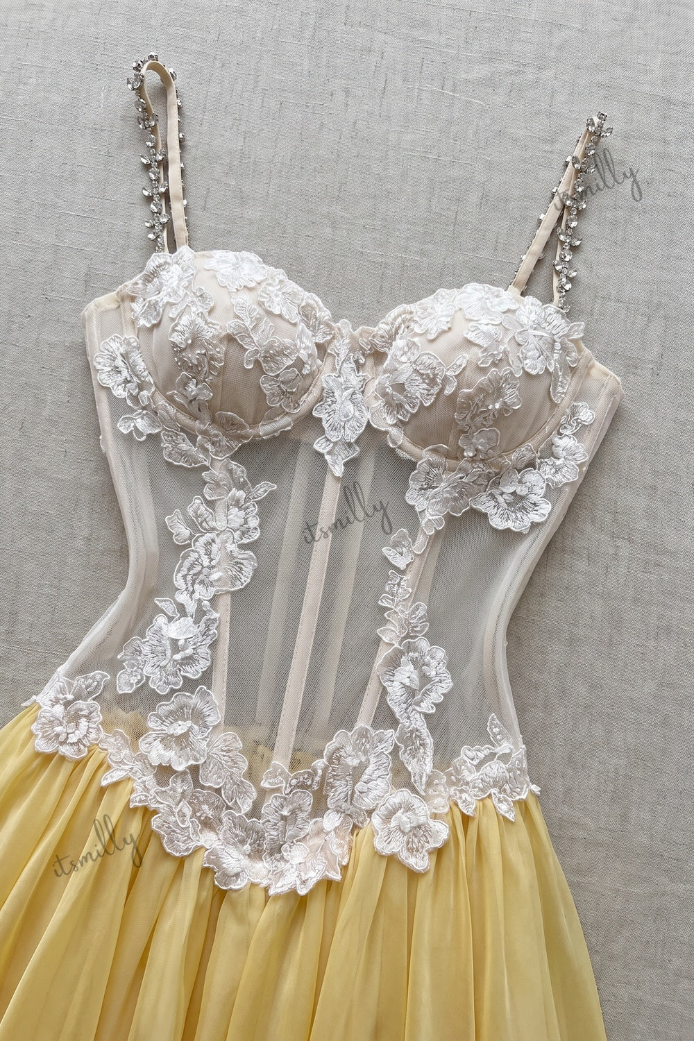 Yellow Floral Lace A-Line Chiffon Floor-Length Gown yellow chiffon gown - product view 7