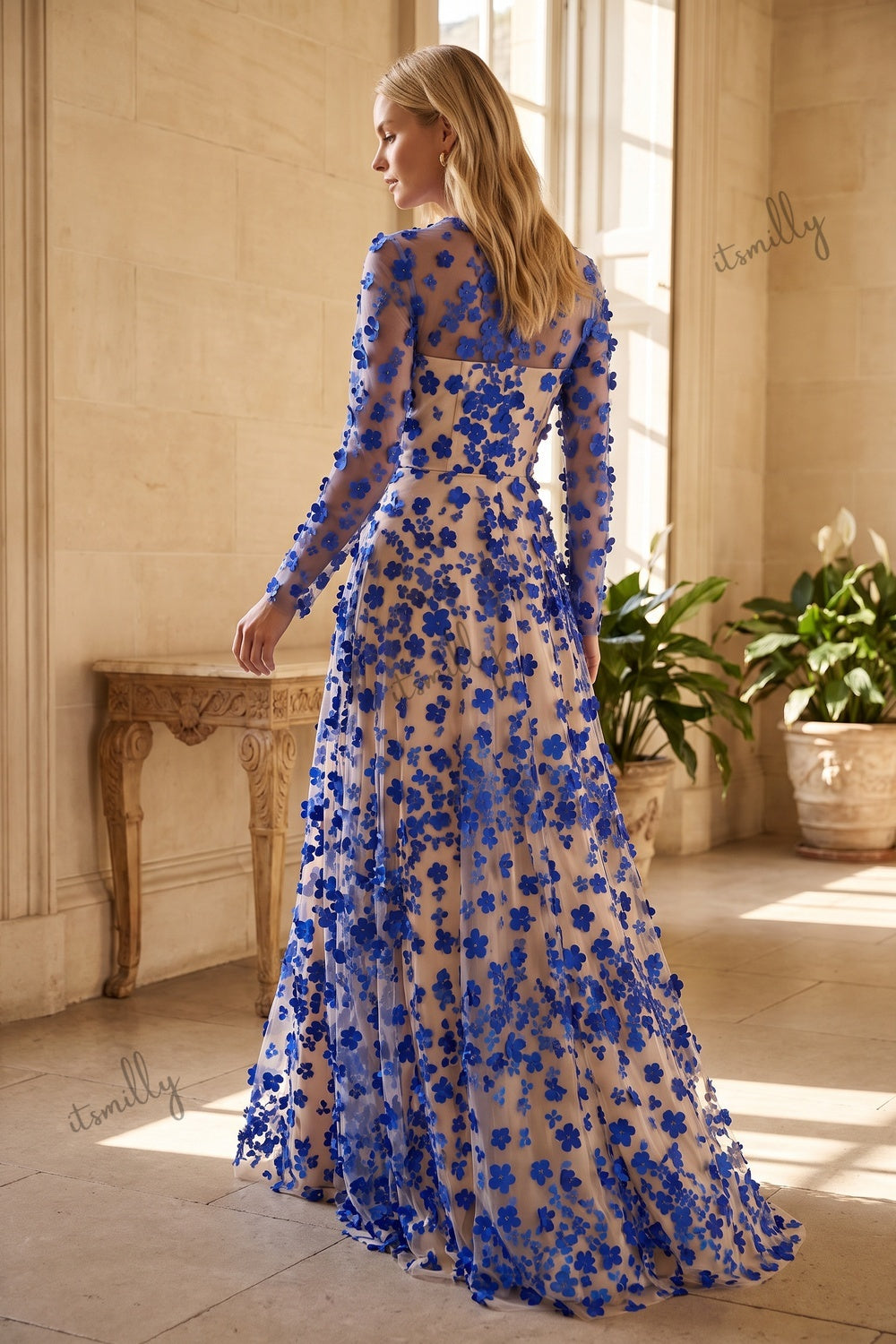 Royal Blue Sheer Tulle Mesh A-Line Gown with 3D Floral Appliques royal blue sheer tulle mesh gown - product view 8