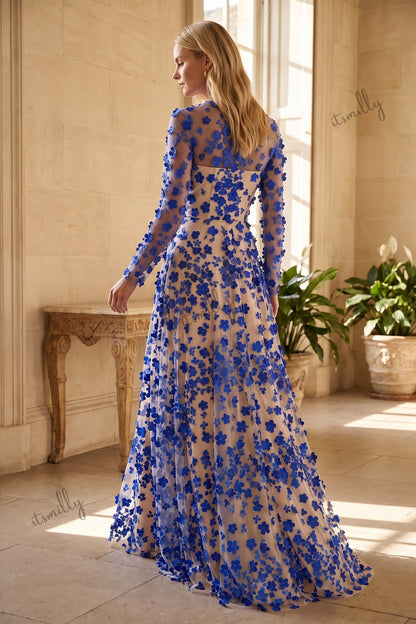 Royal Blue Sheer Tulle Mesh A-Line Gown with 3D Floral Appliques royal blue sheer tulle mesh gown - product view 8