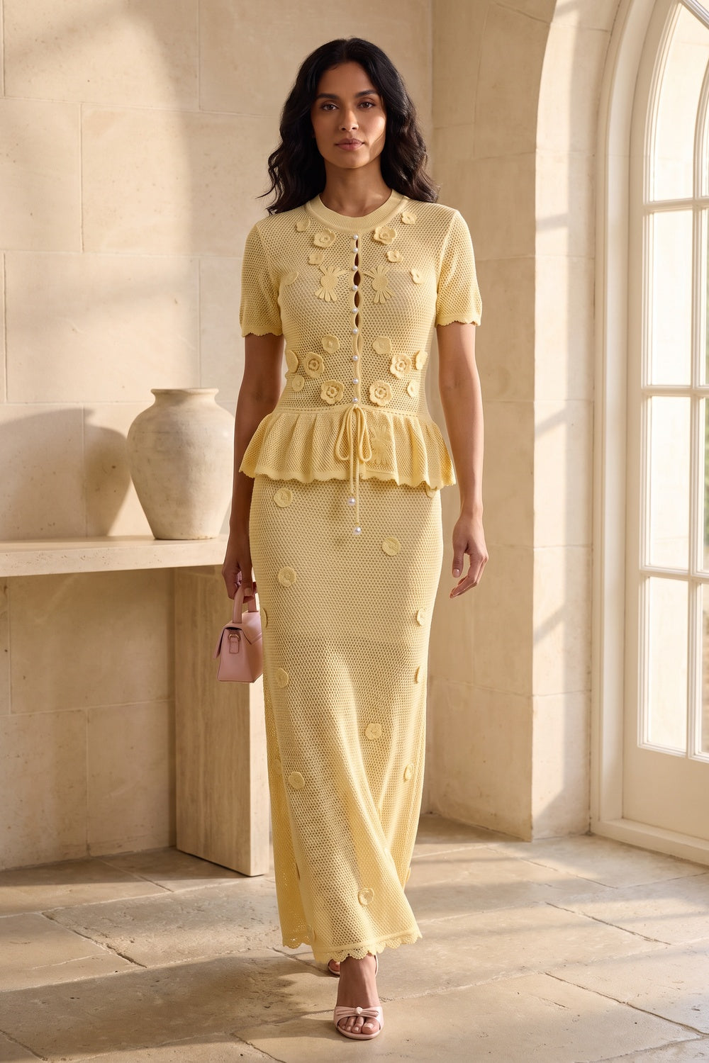 Pale Yellow Pointelle Knit Peplum Top & Maxi Skirt Two-Piece Set pale yellow pointelle knit two-piece knit set - product view 8
