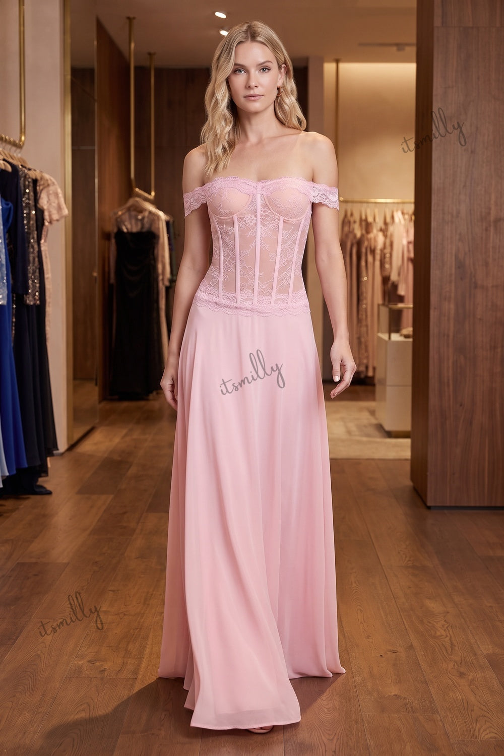 Light Pink Chiffon A-Line Evening Gown light pink chiffon evening gown - product view 8