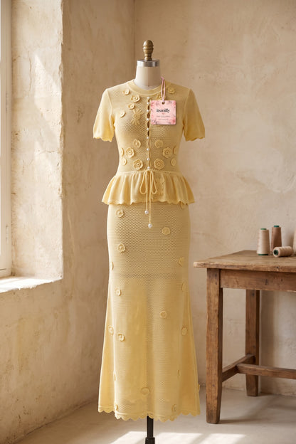 Pale Yellow Pointelle Knit Peplum Top & Maxi Skirt Two-Piece Set pale yellow pointelle knit two-piece knit set - product view 2