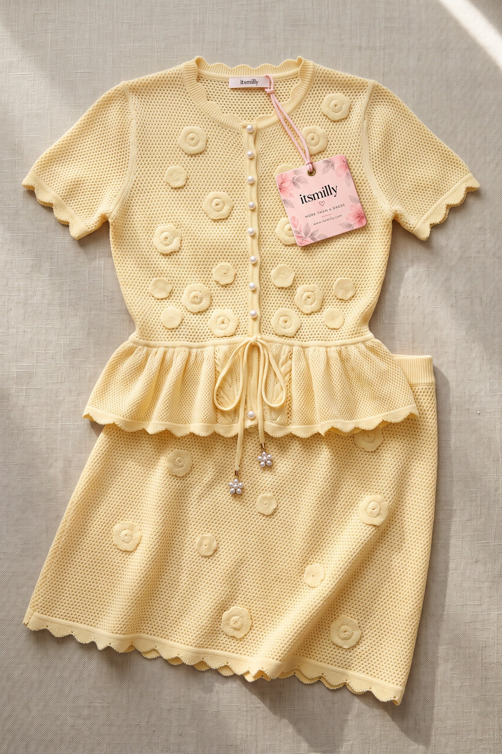 Pale Yellow Pointelle Knit Two-Piece Skirt Set with Peplum pale yellow pointelle knit two-piece skirt set - product view 2