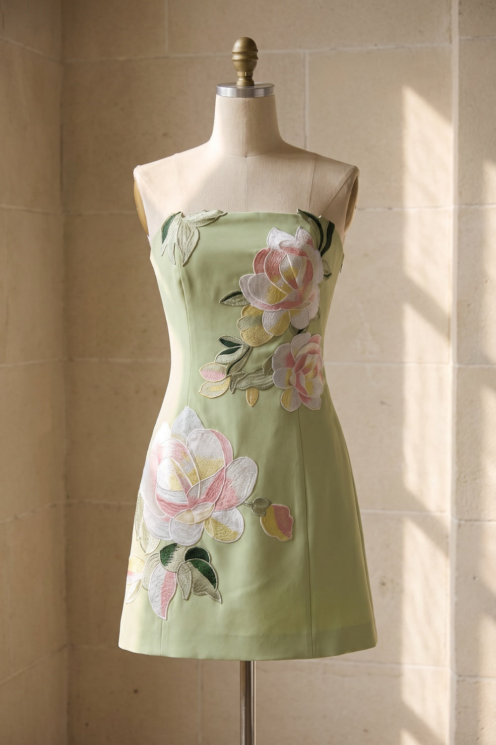 Light Green Structured Woven Crepe A-Line Mini Dress with Floral Embroidery light green structured woven crepe dress - product view 2