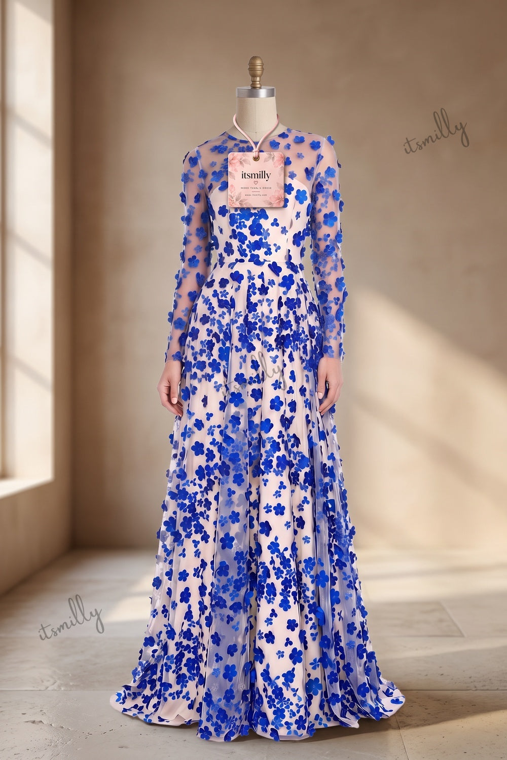 Royal Blue Sheer Tulle Mesh A-Line Gown with 3D Floral Appliques royal blue sheer tulle mesh gown - product view 2