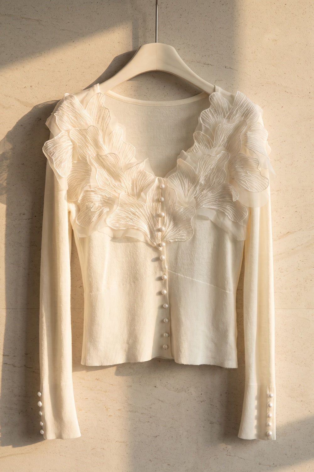 Off-White Fitted Knit Cardigan with Organza Ruffles off-white fine knit cardigan - product view 2