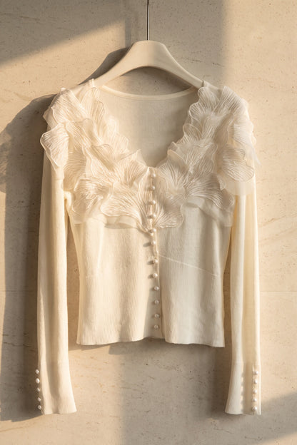 Off-White Fitted Knit Cardigan with Organza Ruffles off-white fine knit cardigan - product view 2