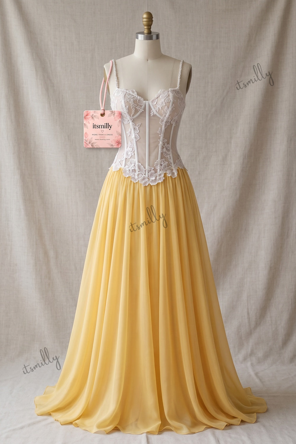 Yellow Floral Lace A-Line Chiffon Floor-Length Gown yellow chiffon gown - product view 2
