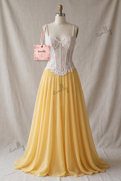 Yellow Floral Lace A-Line Chiffon Floor-Length Gown yellow chiffon gown - product view 2