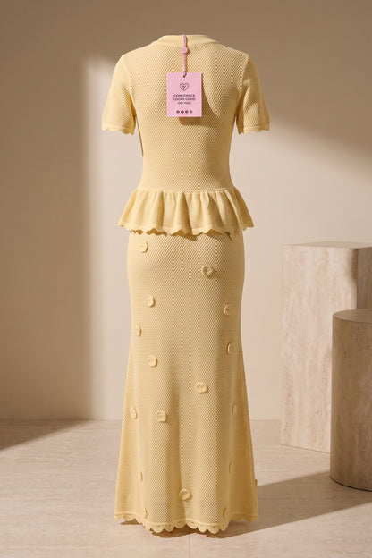 Pale Yellow Pointelle Knit Peplum Top & Maxi Skirt Two-Piece Set pale yellow pointelle knit two-piece knit set - product view 4