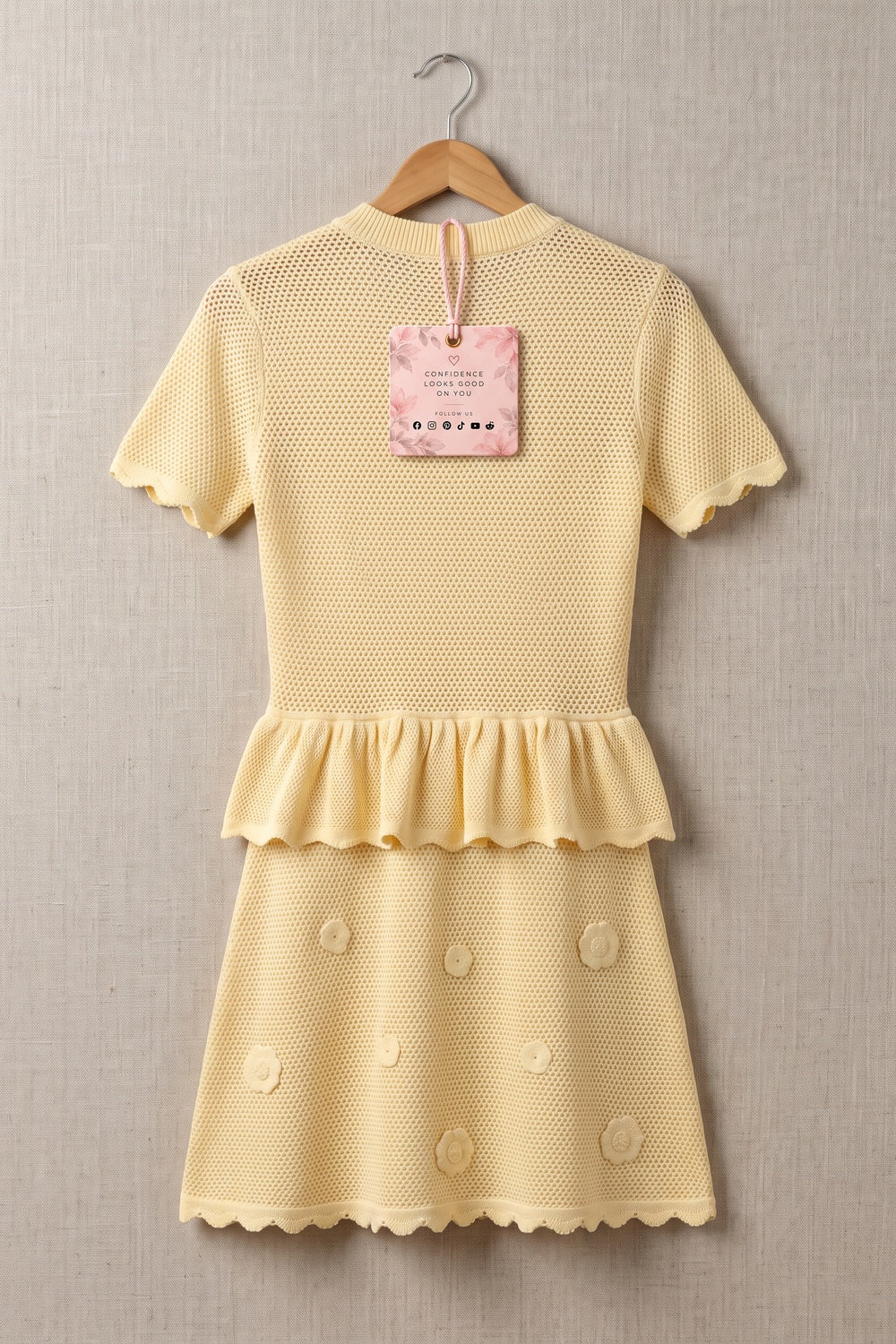 Pale Yellow Pointelle Knit Two-Piece Skirt Set with Peplum pale yellow pointelle knit two-piece skirt set - product view 4