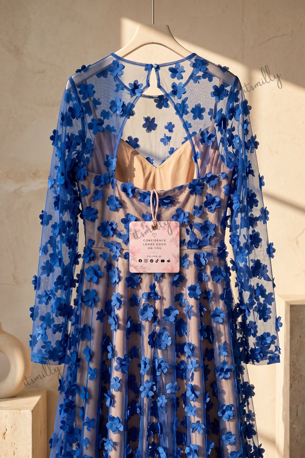 Royal Blue Sheer Tulle Mesh A-Line Gown with 3D Floral Appliques royal blue sheer tulle mesh gown - product view 4
