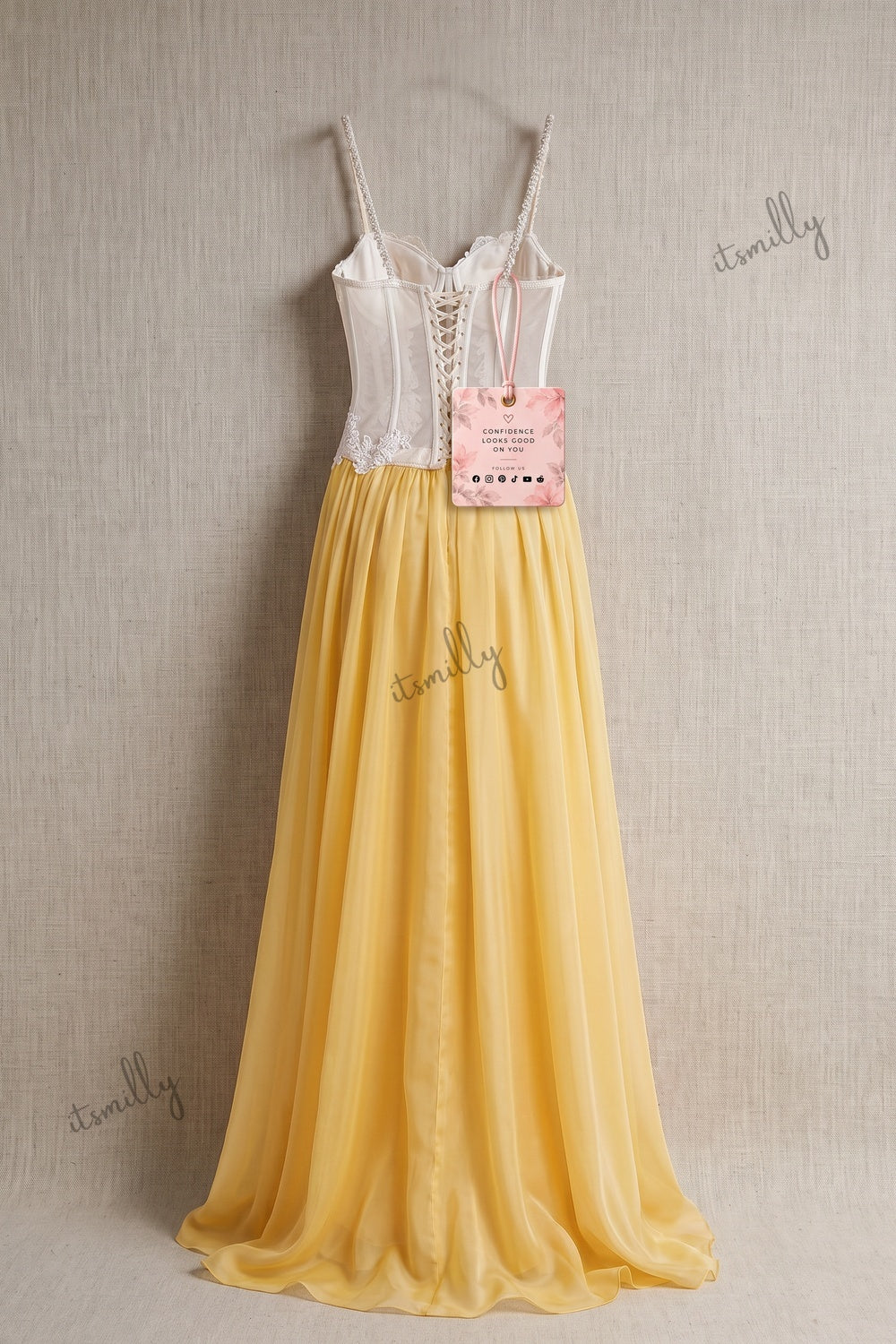 Yellow Floral Lace A-Line Chiffon Floor-Length Gown yellow chiffon gown - product view 4
