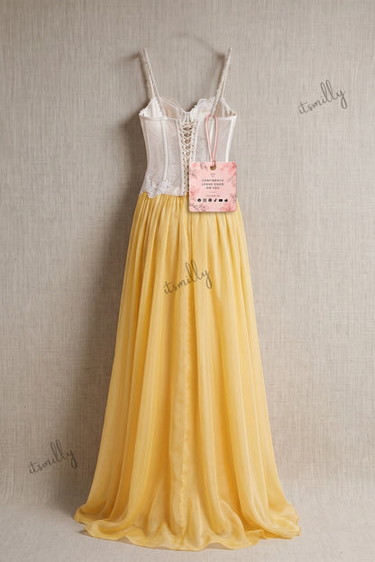 Yellow Floral Lace A-Line Chiffon Floor-Length Gown yellow chiffon gown - product view 4