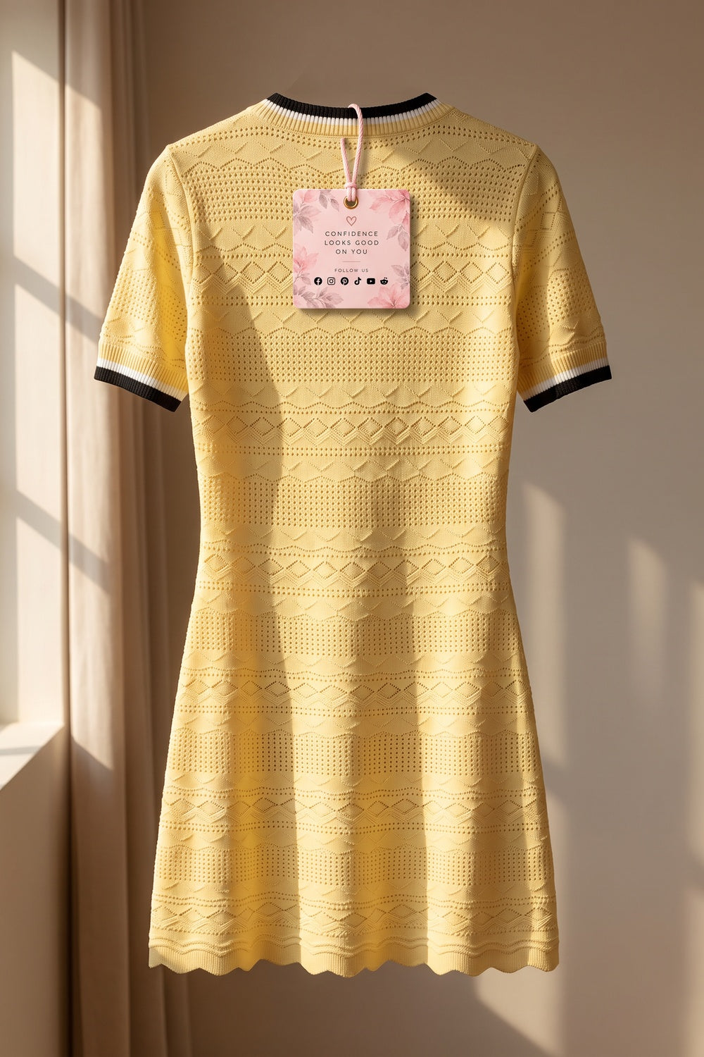 Pale Yellow Textured Pointelle Knit A-Line Dress with Contrast Trim pale yellow textured pointelle knit dress - product view 4