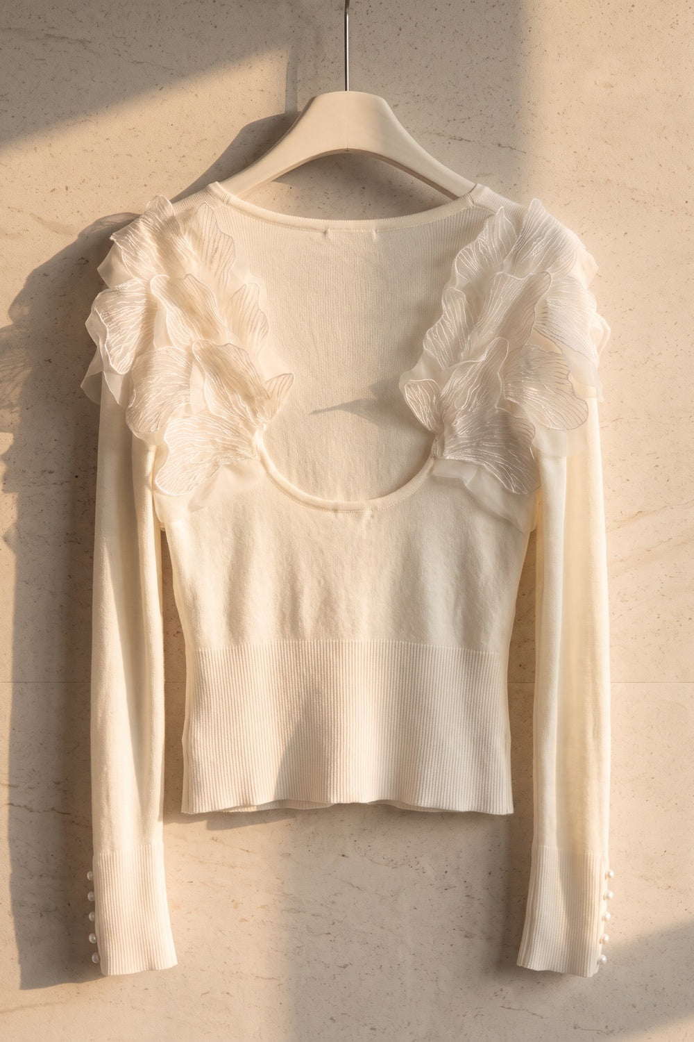 Off-White Fitted Knit Cardigan with Organza Ruffles off-white fine knit cardigan - product view 4