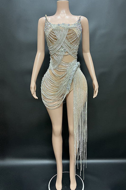 Delilah Rhinestone Strapless Mesh Mini Dress - Nude