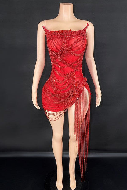Delilah Rhinestone Strapless Mesh Mini Dress - Red