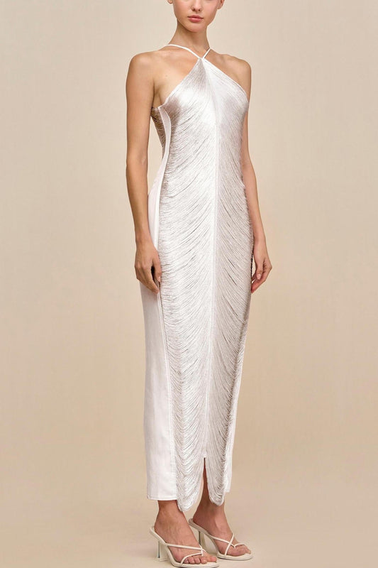 Veroty Halter Fringe Maxi Dress -white
