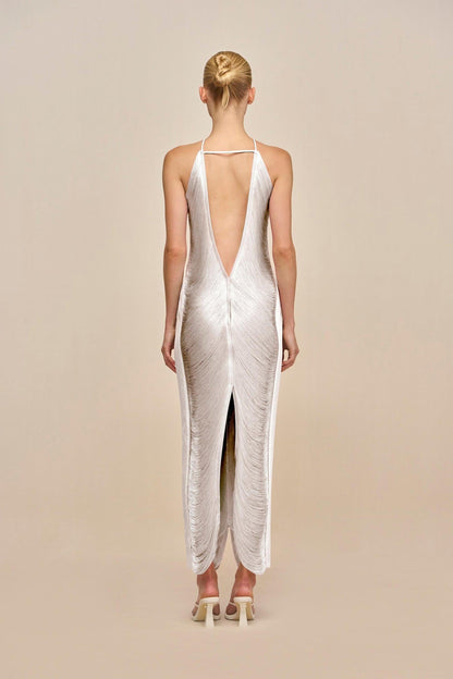 Veroty Halter Fringe Maxi Dress -white