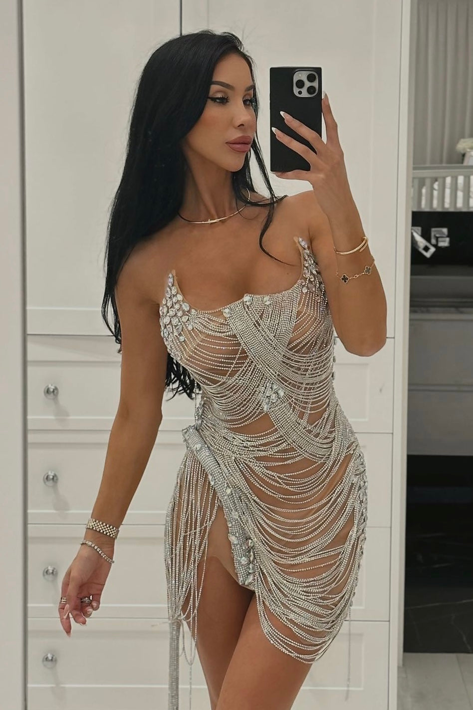 Delilah Rhinestone Strapless Mesh Mini Dress - Nude